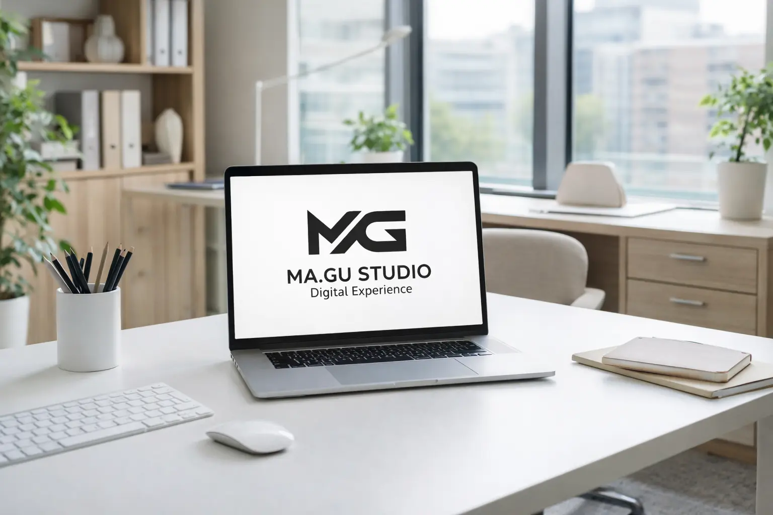 Postazione creativa Ma.Gu Studio con il logo sullo schermo